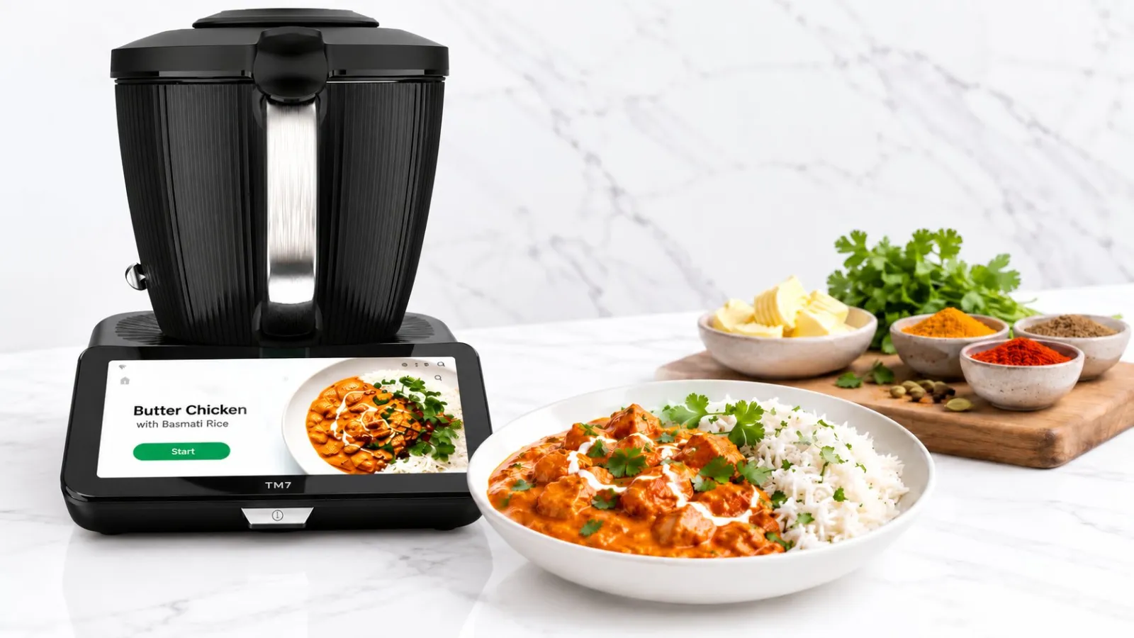 Thermomix TM7 showing the butter chicken recipe on its screen, next to a bowl of butter chicken with basmati rice