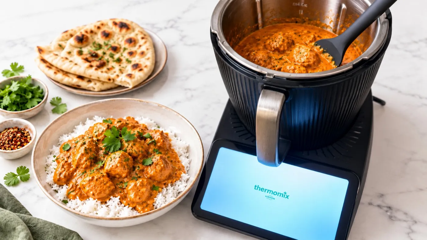 Butter chicken over basmati rice with naan, next to the Thermomix TM7 with the finished sauce in the mixing bowl