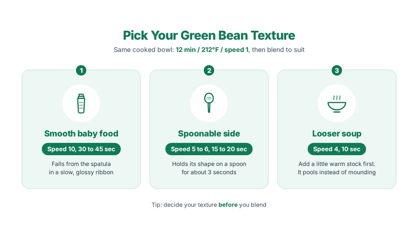Green bean puree textures in the Thermomix TM7: smooth baby food, spoonable side and looser soup