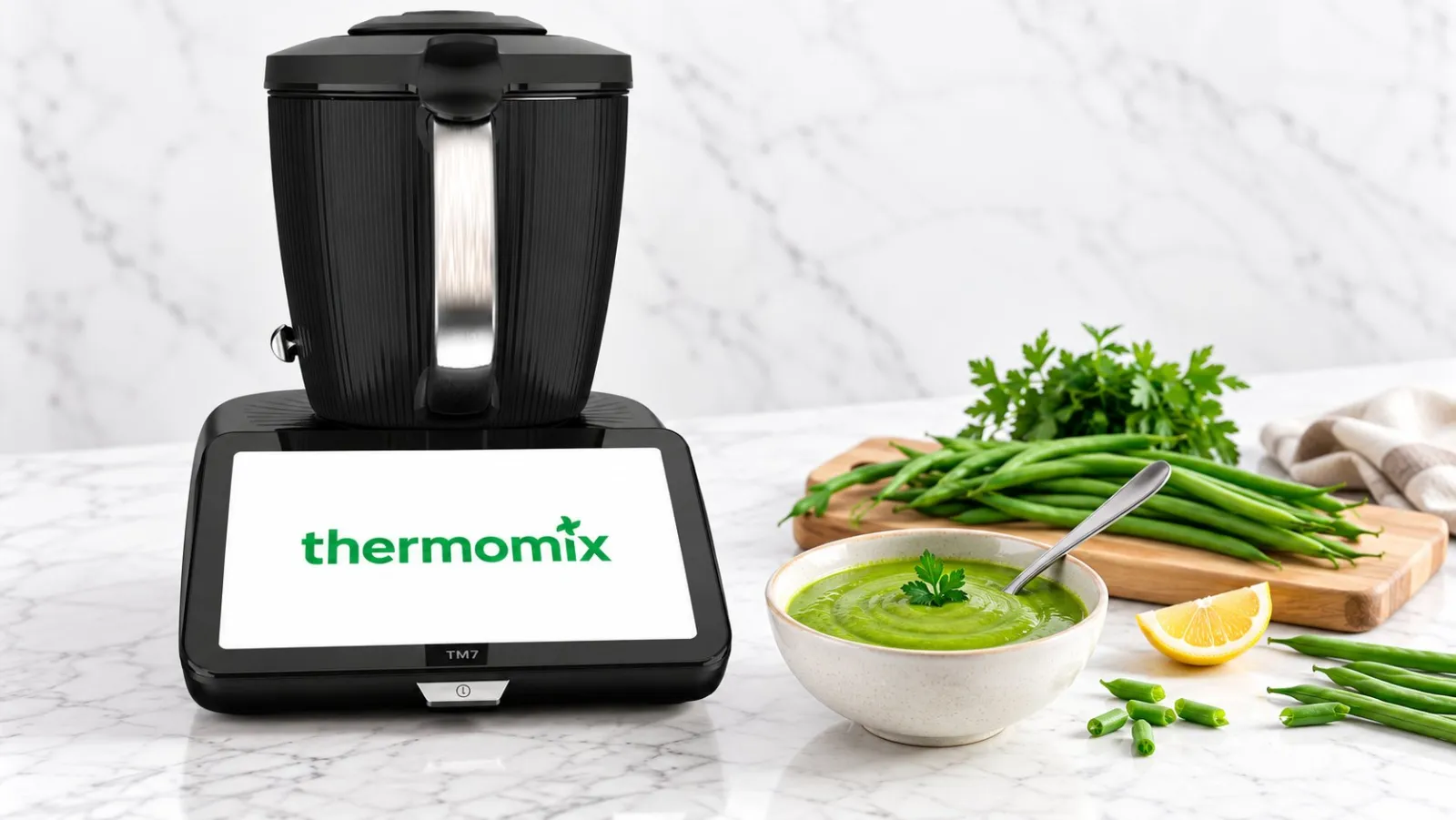 Thermomix TM7 with a bowl of smooth green bean puree and fresh green beans
