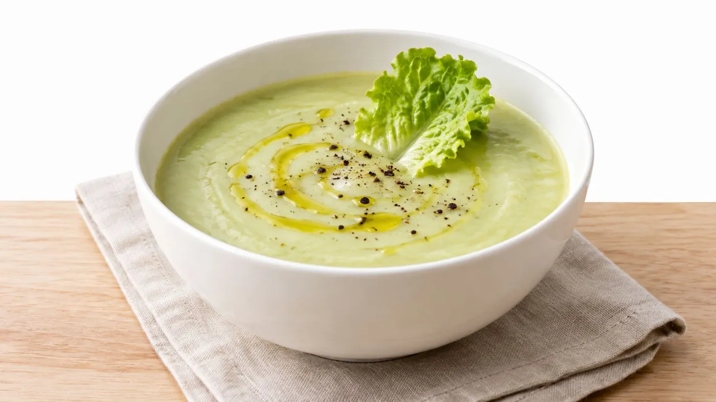 Bowl of creamy lettuce soup topped with olive oil, black pepper and a romaine leaf