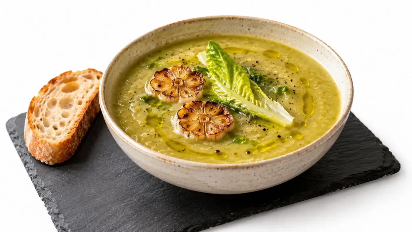 Roasted garlic and romaine lettuce soup with a slice of crusty bread