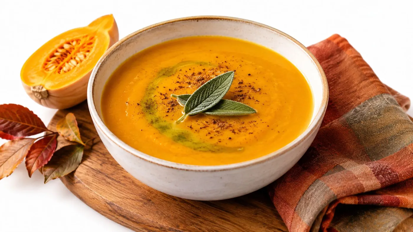 Butternut squash and lettuce autumn soup garnished with fresh sage