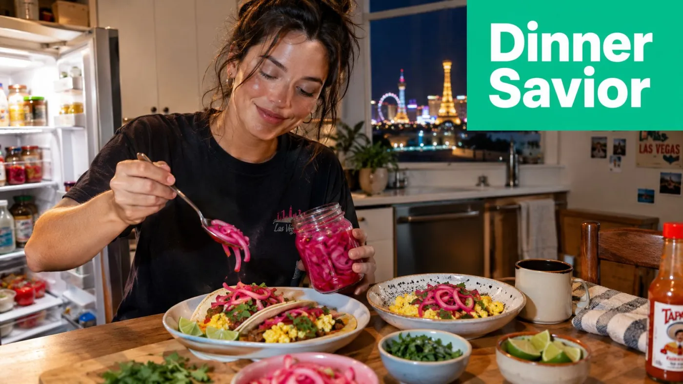 A woman smiling as she garnishes tacos with vibrant pink pickled onions in a home kitchen setting.