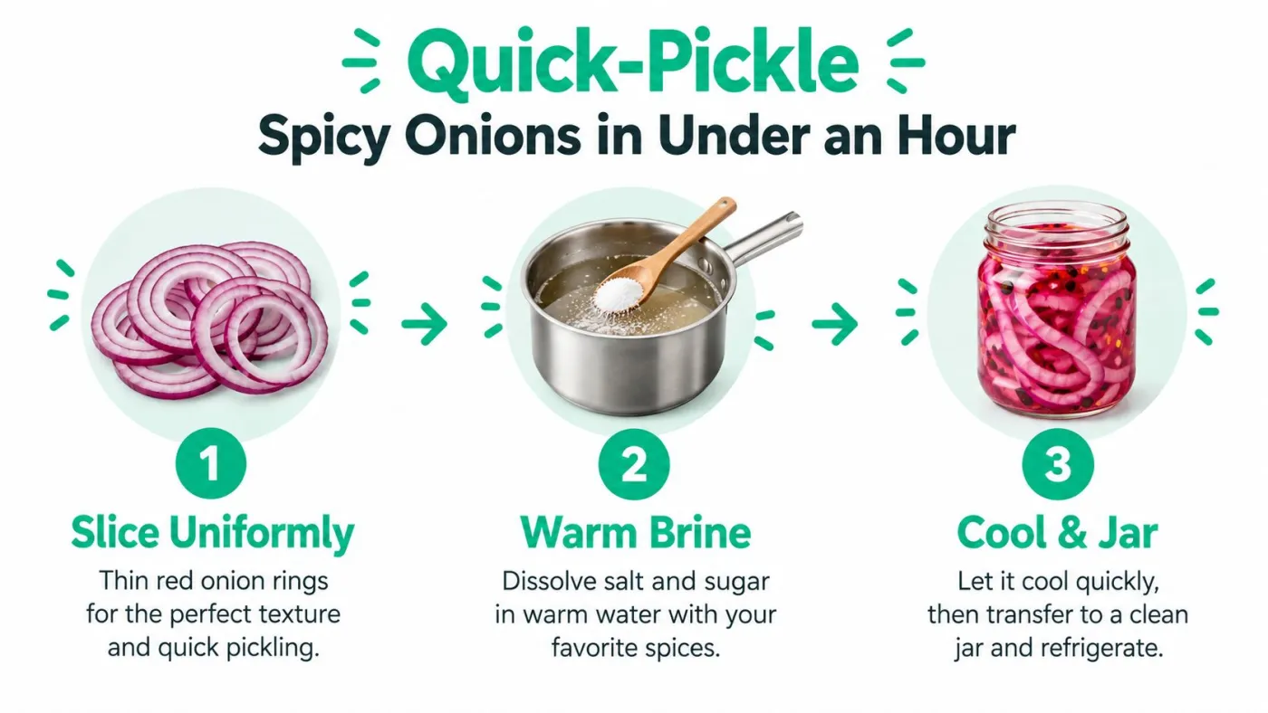 A simple three-step infographic showing how to make spicy pickled red onions in under an hour.