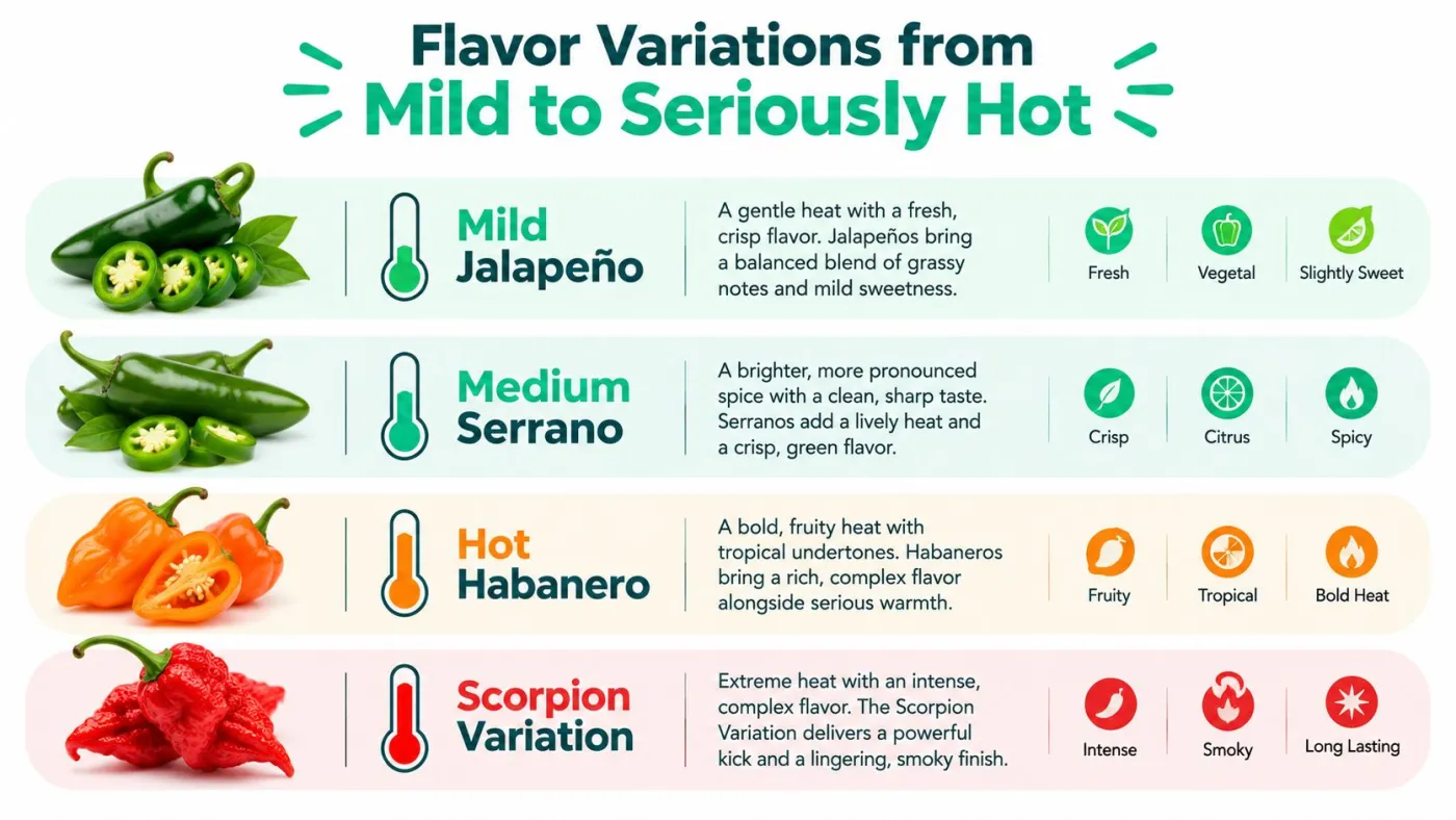A chart comparing four levels of pepper spice intensity from mild jalapeno to seriously hot scorpion.