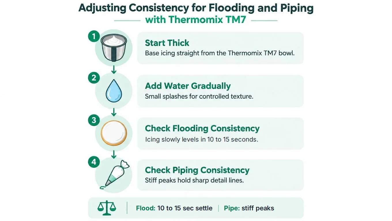 How to adjust vegan royal icing for flooding and piping, step by step in the Thermomix TM7